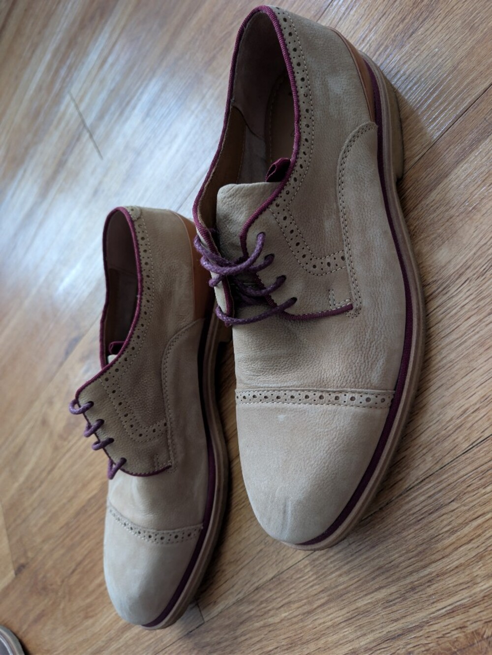 Men's Tan Suede Lace-Up Oxfords with Burgundy Accents - Picture 3 of 3